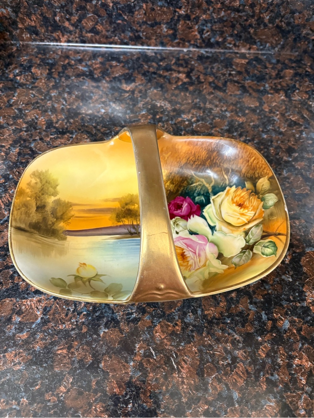 Lefton Hand-Painted Floral & Riverside Double Dish in Gold and Yellow